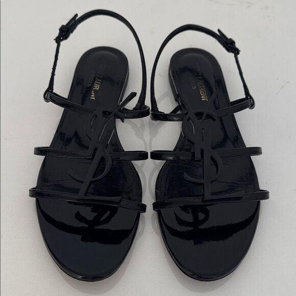 Saint Laurent Cassandra YSL Logo Black Patent Leather Sandals Size EU 38 US 8 - Picture 2 of 9